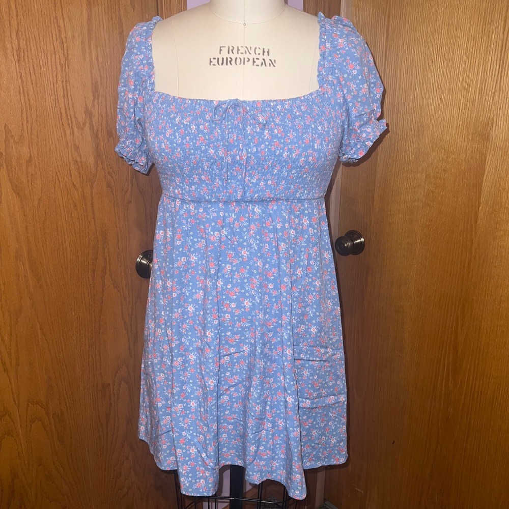 Aeropostale Smocked Floral Mini Dress Womens Medium Blue Puff Sleeve Ditsy Boho‎
